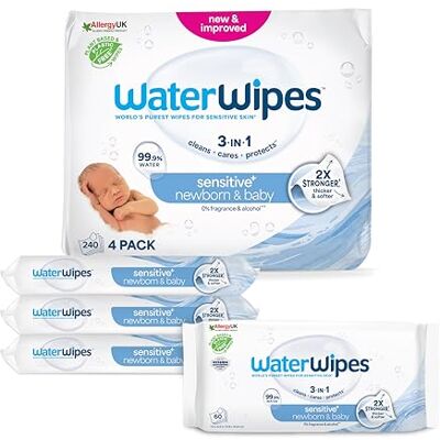 WaterWipes Sensitive+ Newborn & Baby Wipes, Toallitas Para Recién Nacidos y Bebés, 240 unidades (paquete de 4), 3 en 1 Limpia, Cuida, Protege, 99,9% Agua, Sin perfume WaterWipes Sensitive+ Newborn & Baby Wipes, Toallitas Para Recién Nacidos y Bebés, 240 unidades (paquete de 4), 3 en 1 Limpia, Cuida, Protege, 99,9% Agua, Sin perfume