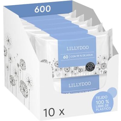 LILLYDOO Toallitas húmedas para bebés con un 99% de agua, 10 paquetes de 60 (600 unidades), 100% libres de plástico sin perfumes y tan suave como el algodón y el agua LILLYDOO Toallitas húmedas para bebés con un 99% de agua, 10 paquetes de 60 (600 unidades), 100% libres de plástico sin perfumes y tan suave como el algodón y el agua