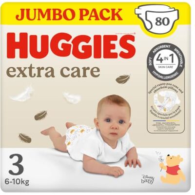 HUGGIES Extra Care Pañales talla 3 (6-10 kg), ultraabsorbente, diseño Disney, paquete de 80 unidades HUGGIES Extra Care Pañales talla 3 (6-10 kg), ultraabsorbente, diseño Disney, paquete de 80 unidades