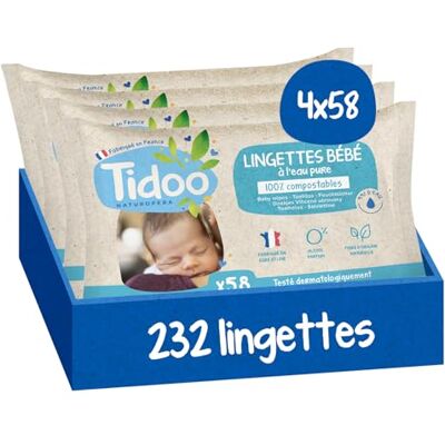 TIDOO – Toallitas de agua pura – Toallita de bebé suave y ultra resistente – Toallitas limpiadoras compostable sin alérgenos – Cuidado de la piel normal y frágil – 4 x 58 toallitas limpiadoras TIDOO – Toallitas de agua pura – Toallita de bebé suave y ultra resistente – Toallitas limpiadoras compostable sin alérgenos – Cuidado de la piel normal y frágil – 4 x 58 toallitas limpiadoras