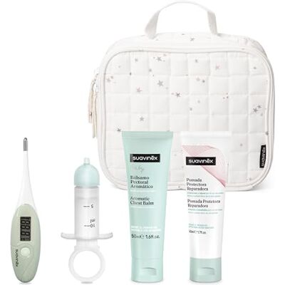 SUAVINEX , Canastilla Botiquín para Bebés. Incluye: Termómetro Digital Fiebre + Limpiador Nasal + Bálsamo Pectoral Aromático, 50 ml + Pomada Pañal, 50 ml. Neceser Textil con Cremallera, Blanco SUAVINEX , Canastilla Botiquín para Bebés. Incluye: Termómetro Digital Fiebre + Limpiador Nasal + Bálsamo Pectoral Aromático, 50 ml + Pomada Pañal, 50 ml. Neceser Textil con Cremallera, Blanco