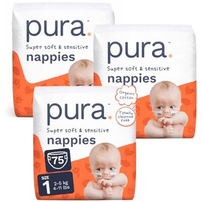 Pura Pañales Recién Nacido Talla 1, 75 Unidades, 2-5 kg, Ultra Suaves, Hipoalergénicos, para piel sensible, sin sustancias tóxicas, Blowout Blocker™, indicador de humedad, hasta 12h protección Pura Pañales Recién Nacido Talla 1, 75 Unidades, 2-5 kg, Ultra Suaves, Hipoalergénicos, para piel sensible, sin sustancias tóxicas, Blowout Blocker™, indicador de humedad, hasta 12h protección