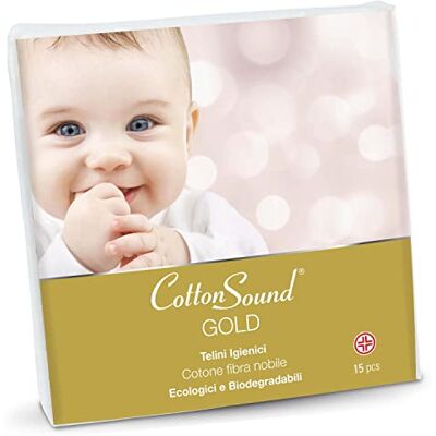 Cotton Sound GOLD BABY Telas higiénicas de 15 unidades, 100% algodón hidrófilo, 40 x 80 cm, hipoalergénicas y biodegradables, dermatológicamente probadas, fabricadas en Italia Cotton Sound GOLD BABY Telas higiénicas de 15 unidades, 100% algodón hidrófilo, 40 x 80 cm, hipoalergénicas y biodegradables, dermatológicamente probadas, fabricadas en Italia