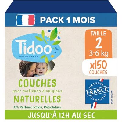 TIDOO – Pañales ecológicos talla 2 (3-6 kg) – Origen natural, libre de sustancias nocivas – 12 horas secas, ultra absorbentes – Fabricado en Francia – 150 capas desechables – Paquete de 1 mes TIDOO – Pañales ecológicos talla 2 (3-6 kg) – Origen natural, libre de sustancias nocivas – 12 horas secas, ultra absorbentes – Fabricado en Francia – 150 capas desechables – Paquete de 1 mes