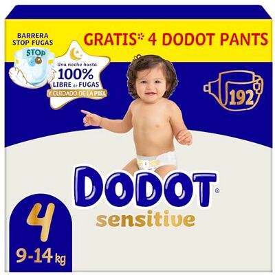 Dodot - Pañales Bebé Sensitive - Talla 4 9-14 kg - 192 pañales 4 pants Dodot - Pañales Bebé Sensitive - Talla 4 9-14 kg - 192 pañales 4 pants