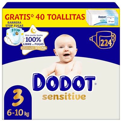 Dodot - Pañales Bebé Sensitive T3 - Talla 3 (6-10 kg) - 224 Pañales + 10 toallitas pack - Pañales Dodot - Pañales Bebé Sensitive T3 - Talla 3 (6-10 kg) - 224 Pañales + 10 toallitas pack - Pañales