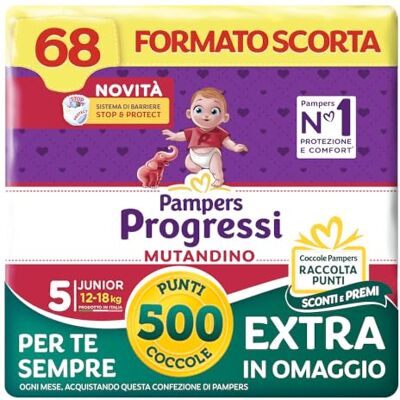 Pampers Progressi Braga junior, talla 5 (12-18 kg), formato escolta, barrera Stop&Protect, pieles delicadas, eliminación fácil, sin pestañas, cambio rápido, 68 pañales para bebé+500 puntos de regalo Pampers Progressi Braga junior, talla 5 (12-18 kg), formato escolta, barrera Stop&Protect, pieles delicadas, eliminación fácil, sin pestañas, cambio rápido, 68 pañales para bebé+500 puntos de regalo