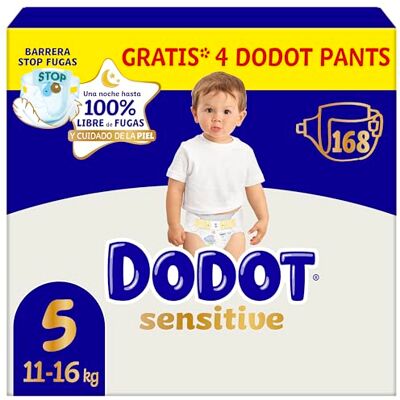 DODOT Pañales Bebé Sensitive, Talla 5 (11-16 kg), 168 Pañales + 4 Pants de Regalo, Hasta 12 h De Protección Antifugas y Cuidado de la Piel, Pack Mensual DODOT Pañales Bebé Sensitive, Talla 5 (11-16 kg), 168 Pañales + 4 Pants de Regalo, Hasta 12 h De Protección Antifugas y Cuidado de la Piel, Pack Mensual