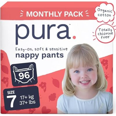 Pura Eco Nappy Pants Size 7 (17kg+), 6 x 16 Nappies (96 Total), Pull Up Disposable Baby Nappies for Sensitive & Allergy Prone Skin, Hypoallergenic, Fragrance Free, Easy-Tear Side, New Size Guide Pura Eco Nappy Pants Size 7 (17kg+), 6 x 16 Nappies (96 Total), Pull Up Disposable Baby Nappies for Sensitive & Allergy Prone Skin, Hypoallergenic, Fragrance Free, Easy-Tear Side, New Size Guide
