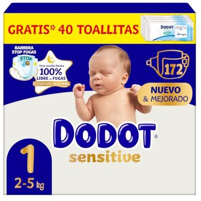 DODOT Pañales Bebé Sensitive Talla 1 (2-5 kg), 172 Pañales + 1 Pack de 40 Toallitas Gratis de Aqua Plastic Free, Nº1 en Protección de la Piel de , Pack Mensual DODOT Pañales Bebé Sensitive Talla 1 (2-5 kg), 172 Pañales + 1 Pack de 40 Toallitas Gratis de Aqua Plastic Free, Nº1 en Protección de la Piel de , Pack Mensual