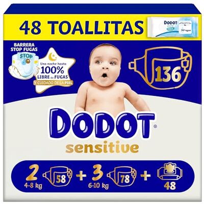 DODOT Sensitive Kit Recién Nacido Pañales + toallitas, 58 Pañales de la Talla 2 + 78 Pañales de la Talla 3 + 48 Toallitas Pure Aqua para Bebe, 99% Agua DODOT Sensitive Kit Recién Nacido Pañales + toallitas, 58 Pañales de la Talla 2 + 78 Pañales de la Talla 3 + 48 Toallitas Pure Aqua para Bebe, 99% Agua