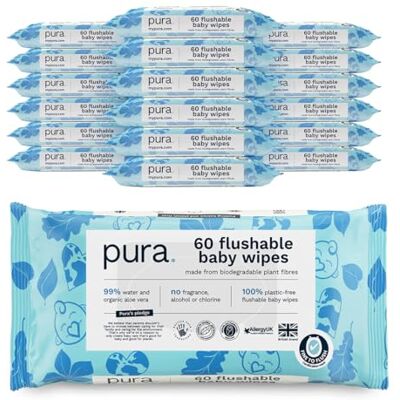 Pura Toallitas Desechables WC Para Bebés, 1080 Toallitas (18 x 60 Toallitas), 100% Toallitas Húmedas Libres de Plástico, 99% Agua, Piel Sensible, Biodegradables, Algodón Orgánico Pura Toallitas Desechables WC Para Bebés, 1080 Toallitas (18 x 60 Toallitas), 100% Toallitas Húmedas Libres de Plástico, 99% Agua, Piel Sensible, Biodegradables, Algodón Orgánico