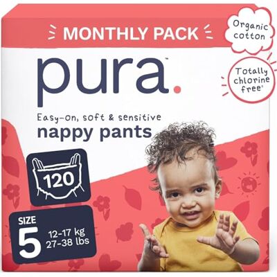 Pura Eco Nappy Pants Size 5 (12-17kg), 6 x 20 Nappies (120 Total), Pull Up Disposable Baby Nappies for Sensitive & Allergy Prone Skin, Hypoallergenic, Fragrance Free, Easy-Tear Side, New Size Guide Pura Eco Nappy Pants Size 5 (12-17kg), 6 x 20 Nappies (120 Total), Pull Up Disposable Baby Nappies for Sensitive & Allergy Prone Skin, Hypoallergenic, Fragrance Free, Easy-Tear Side, New Size Guide