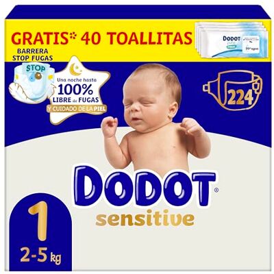 DODOT Pañales Bebé Sensitive, Talla 1 (2-5 kg), 224 Pañales + Regalo de 40 Toallitas Aqua Pure 99% Agua, Hasta 12 h De Protección Antifugas y Cuidado de la Piel, Pack Mensual DODOT Pañales Bebé Sensitive, Talla 1 (2-5 kg), 224 Pañales + Regalo de 40 Toallitas Aqua Pure 99% Agua, Hasta 12 h De Protección Antifugas y Cuidado de la Piel, Pack Mensual