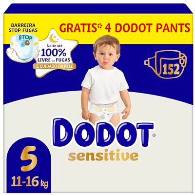DODOT Pañales Bebé Sensitive Talla 5 (11-16 kg), 152 Pañales + 4 Pants de Regalo, Hasta 12 h De Protección Antifugas y Cuidado de la Piel, Pack Mensual DODOT Pañales Bebé Sensitive Talla 5 (11-16 kg), 152 Pañales + 4 Pants de Regalo, Hasta 12 h De Protección Antifugas y Cuidado de la Piel, Pack Mensual