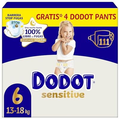 DODOT Pañales Bebé Sensitive, Talla 6 (+13 kg), 111 Pañales + 4 Pants de Regalo, Hasta 12 h De Protección Antifugas y Cuidado de la Piel, Pack Mensual DODOT Pañales Bebé Sensitive, Talla 6 (+13 kg), 111 Pañales + 4 Pants de Regalo, Hasta 12 h De Protección Antifugas y Cuidado de la Piel, Pack Mensual