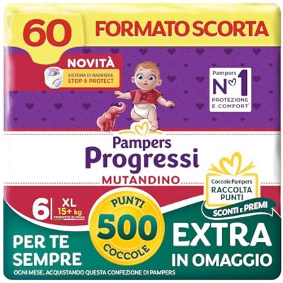 Pampers Progressi Braga XL, talla 6 (15+ kg), tamaño de repuesto, barrera Stop&Protect, pieles delicadas, eliminación fácil, sin pestañas, cambio rápido, 60 pañales para bebé + 500 puntos de regalo Pampers Progressi Braga XL, talla 6 (15+ kg), tamaño de repuesto, barrera Stop&Protect, pieles delicadas, eliminación fácil, sin pestañas, cambio rápido, 60 pañales para bebé + 500 puntos de regalo
