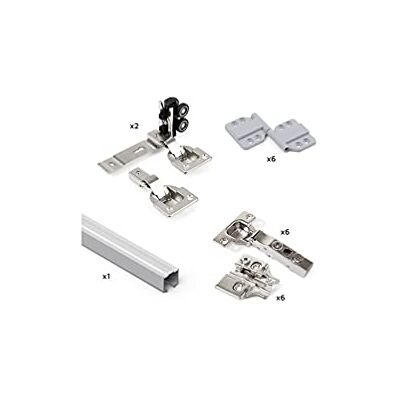 EMUCA Sistema para 2 puertas correderas de madera colgadas y plegables, sin guiador inferior, cierre suave, Aluminio anodizado EMUCA Sistema para 2 puertas correderas de madera colgadas y plegables, sin guiador inferior, cierre suave, Aluminio anodizado