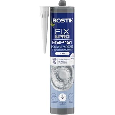 Bostik FIXPRO Masilla de polímero híbrido para fijación de poliestireno y todas las molduras, interior y exterior, 290 ml, color blanco Bostik FIXPRO Masilla de polímero híbrido para fijación de poliestireno y todas las molduras, interior y exterior, 290 ml, color blanco