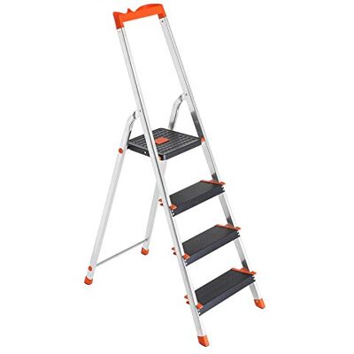 SONGMICS Escalera de 4 Peldaños, Escalera de Aluminio con Peldaños de 12 cm de Profundo, Plegable, Bandeja y Pies Antideslizantes, Carga de 150 kg, Negro y Naranja SONGMICS Escalera de 4 Peldaños, Escalera de Aluminio con Peldaños de 12 cm de Profundo, Plegable, Bandeja y Pies Antideslizantes, Carga de 150 kg, Negro y Naranja