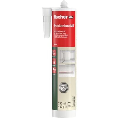 fischer Adhesivo híbrido para paneles de yeso, MS, adhesivo elástico para montaje sin tornillos, adecuado para placas de yeso, hormigón, madera, pavimento y más, sin olor y sin disolventes, cartucho fischer Adhesivo híbrido para paneles de yeso, MS, adhesivo elástico para montaje sin tornillos, adecuado para placas de yeso, hormigón, madera, pavimento y más, sin olor y sin disolventes, cartucho