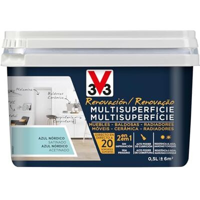 V33 Esmalte Renovación Multisuperficie Azul Nórdico Satinado 0,5L V33 Esmalte Renovación Multisuperficie Azul Nórdico Satinado 0,5L