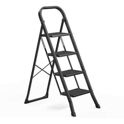 SONGMICS Escalera de Tijera, Escalera con 4 Peldaños, Peldaño Plegable, Bloqueo de Seguridad, Fácil de Guardar, Carga hasta 150 kg, Negro SONGMICS Escalera de Tijera, Escalera con 4 Peldaños, Peldaño Plegable, Bloqueo de Seguridad, Fácil de Guardar, Carga hasta 150 kg, Negro