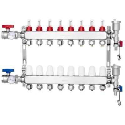VEVOR Colector de Calor Radiante de 8 Derivaciones, Colector de Tubería PEX de Acero Inoxidable SUS304 para Calefacción por Suelo Radiante Hidrónico, con Adaptadores, 590 x 370 x 110 mm, 0-5 L/min VEVOR Colector de Calor Radiante de 8 Derivaciones, Colector de Tubería PEX de Acero Inoxidable SUS304 para Calefacción por Suelo Radiante Hidrónico, con Adaptadores, 590 x 370 x 110 mm, 0-5 L/min