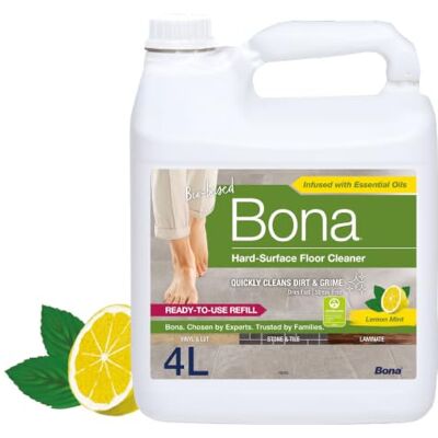 Bona Recarga Limpiador de Laminados y Superficies Duras Limón y Menta, 4 L Recarga de 4 L con aroma limón y menta para rellenar pulverizadores y Spray Mop para superficies duras. Bona Recarga Limpiador de Laminados y Superficies Duras Limón y Menta, 4 L Recarga de 4 L con aroma limón y menta para rellenar pulverizadores y Spray Mop para superficies duras.