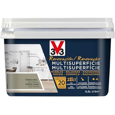 V33 Esmalte Renovación Multisuperficie Verde Kaki Satinado 0,5L V33 Esmalte Renovación Multisuperficie Verde Kaki Satinado 0,5L