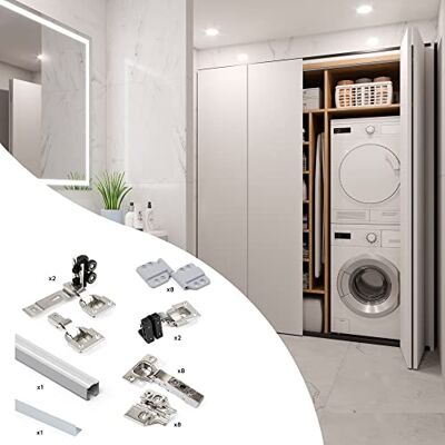 EMUCA Sistema para 2 puertas correderas de madera colgadas y plegables, con guiador inferior, tableros no incluidos, cierre suave, Aluminio anodizado EMUCA Sistema para 2 puertas correderas de madera colgadas y plegables, con guiador inferior, tableros no incluidos, cierre suave, Aluminio anodizado