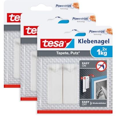tesa Clavos adhesivos para papel pintado y yeso, 1 kg en paquete de 3 unidades, uñas autoadhesivas para superficies delicadas, sin residuos, hasta 1 kg de capacidad de sujeción por uña, 3 x 2 clavos tesa Clavos adhesivos para papel pintado y yeso, 1 kg en paquete de 3 unidades, uñas autoadhesivas para superficies delicadas, sin residuos, hasta 1 kg de capacidad de sujeción por uña, 3 x 2 clavos