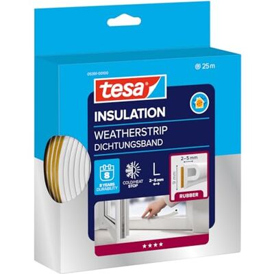 tesa INSULATION L junta de goma Junta autoadhesiva para el aislamiento de huecos en ventanas y puertas Blanca 25 m x 9 mm x 5,5 mm tesa INSULATION L junta de goma Junta autoadhesiva para el aislamiento de huecos en ventanas y puertas Blanca 25 m x 9 mm x 5,5 mm