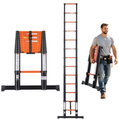 VEVOR Escalera Telescópica Plegable 150 kg de Aluminio Extensible a 3,8 m para Pintura, Ventanas, Jardín y Camping, con Barra Estabilizadora de 805 mm, Retracción con un Botón y Bloqueo Integrado VEVOR Escalera Telescópica Plegable 150 kg de Aluminio Extensible a 3,8 m para Pintura, Ventanas, Jardín y Camping, con Barra Estabilizadora de 805 mm, Retracción con un Botón y Bloqueo Integrado