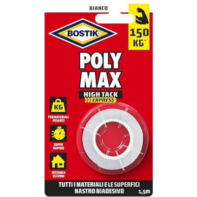 Bostik Poly Max Adhesivo de doble cara High Tack Express, color blanco, muy potente, soporta hasta 150 kg por rollo Bostik Poly Max Adhesivo de doble cara High Tack Express, color blanco, muy potente, soporta hasta 150 kg por rollo