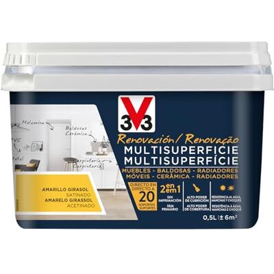 V33 Esmalte Renovación Multisuperficie Amarillo Girasol Satinado 0,5L V33 Esmalte Renovación Multisuperficie Amarillo Girasol Satinado 0,5L