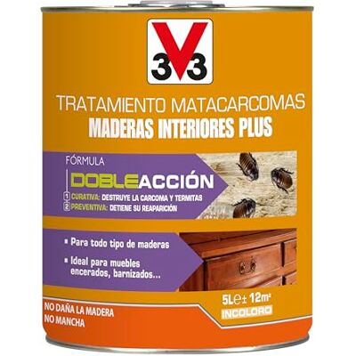 V33 Tratamiento Matacarcomas Maderas Interior Plus, Incoloro, 5 L V33 Tratamiento Matacarcomas Maderas Interior Plus, Incoloro, 5 L
