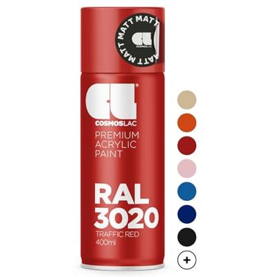 COSMOS LAC Pintura acrílica en spray roja en muchos tonos RAL 400 ml, perfecta para bricolaje, upcycling y otros trabajos de pintura (RAL 3020, rojo tráfico mate) COSMOS LAC Pintura acrílica en spray roja en muchos tonos RAL 400 ml, perfecta para bricolaje, upcycling y otros trabajos de pintura (RAL 3020, rojo tráfico mate)