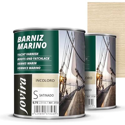 JOVIRA PINTURAS Barniz Marino. Para madera exterior-interior, incoloro-transparente. Especial resistencia en ambientes marinos. (2x750 Mililitros, Satinado) K-50-2 JOVIRA PINTURAS Barniz Marino. Para madera exterior-interior, incoloro-transparente. Especial resistencia en ambientes marinos. (2x750 Mililitros, Satinado) K-50-2