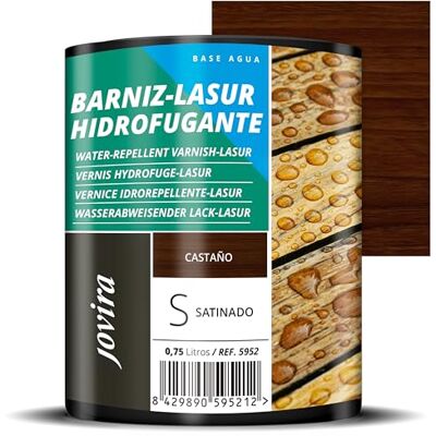 JOVIRA PINTURAS BARNIZ-LASUR Hidrofugante Protector Satinado al Agua 750 ml Protege, decora y embellece todo tipo de madera con efecto perlado. (750 Mililitros, Castaño) E-28 JOVIRA PINTURAS BARNIZ-LASUR Hidrofugante Protector Satinado al Agua 750 ml Protege, decora y embellece todo tipo de madera con efecto perlado. (750 Mililitros, Castaño) E-28