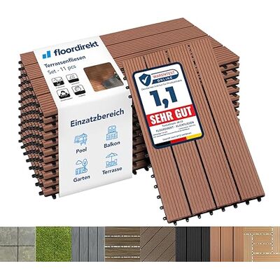 Floordirekt Baldosas de Patio WPC 60x30cm 2m² = 11 piezas para terrazas, balcones suelo exterior con aspecto de madera, Clic Azulejos con función de drenaje Marrón claro Royal Floordirekt Baldosas de Patio WPC 60x30cm 2m² = 11 piezas para terrazas, balcones suelo exterior con aspecto de madera, Clic Azulejos con función de drenaje Marrón claro Royal