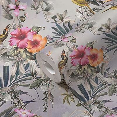A.S. Création Papel pintado de fieltro, diseño de pájaros, color gris, rosa, floral, , para salón, cocina, 10,05 x 0,53 m, fabricado en Alemania A.S. Création Papel pintado de fieltro, diseño de pájaros, color gris, rosa, floral, , para salón, cocina, 10,05 x 0,53 m, fabricado en Alemania