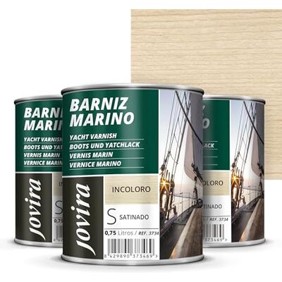 JOVIRA PINTURAS Barniz Marino. Para madera exterior-interior, incoloro-transparente. Especial resistencia en ambientes marinos. (3x750 Mililitros, Satinado) K-50-3 JOVIRA PINTURAS Barniz Marino. Para madera exterior-interior, incoloro-transparente. Especial resistencia en ambientes marinos. (3x750 Mililitros, Satinado) K-50-3
