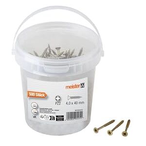 Meister Tornillos universales 4,0 x 40 mm – Juego de 500 unidades – Cabeza avellanada – PZ Pozidriv – Rosca parcial – Amarillo galvanizado/Juego de tornillos/Cubo de tornillos / Meister Tornillos universales 4,0 x 40 mm – Juego de 500 unidades – Cabeza avellanada – PZ Pozidriv – Rosca parcial – Amarillo galvanizado/Juego de tornillos/Cubo de tornillos /