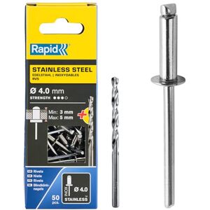 Rapid Caja de 50 Remaches de Acero Inoxidable Ø4 x 6 mm Adecuados para Fijar Guardabarros, Cubiertas Metálicas y Plásticas, Señalización y Chapas, Incluye Broca para Taladro () Rapid Caja de 50 Remaches de Acero Inoxidable Ø4 x 6 mm Adecuados para Fijar Guardabarros, Cubiertas Metálicas y Plásticas, Señalización y Chapas, Incluye Broca para Taladro ()