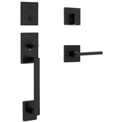 Kwikset San Clemente Juego de manijas de bloqueo frontal de perfil bajo con palanca de puerta Halifax con seguridad SmartKey, color negro hierro Kwikset San Clemente Juego de manijas de bloqueo frontal de perfil bajo con palanca de puerta Halifax con seguridad SmartKey, color negro hierro