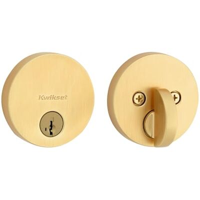 Kwikset Cerrojo de seguridad 258 Uptown, puerta de entrada frontal redonda de latón satinado con llave exterior, seguridad SmartKey Rekey resistente a las púas, perno muerto de un solo cilindro, con Kwikset Cerrojo de seguridad 258 Uptown, puerta de entrada frontal redonda de latón satinado con llave exterior, seguridad SmartKey Rekey resistente a las púas, perno muerto de un solo cilindro, con