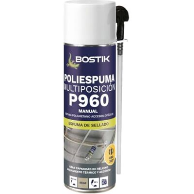 Bostik P960 POLIESPUMA MULTIPOSICIÓN Beige con Cánula, Espuma de Poliuretano Accesos Difíciles, Aislamiento Acústico y Térmico, Resistente a Temperaturas (-40ºC a +90ºC), Pintable, Bote 500 ml Bostik P960 POLIESPUMA MULTIPOSICIÓN Beige con Cánula, Espuma de Poliuretano Accesos Difíciles, Aislamiento Acústico y Térmico, Resistente a Temperaturas (-40ºC a +90ºC), Pintable, Bote 500 ml