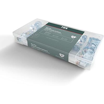 TOX Surtido de abrazaderas de acero galvanizado para conexión con racores, tornillo de cabeza hexagonal con escotadura en cruz, 6 tamaños en caja de transparente, ⌀ 10-40 mm, 26 piezas, 09490208 TOX Surtido de abrazaderas de acero galvanizado para conexión con racores, tornillo de cabeza hexagonal con escotadura en cruz, 6 tamaños en caja de transparente, ⌀ 10-40 mm, 26 piezas, 09490208