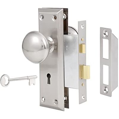 newliplace Juego de cerradura de mortaja para puerta interior, perilla de puerta vintage con cerradura y llave de esqueleto, pomos de puerta antiguos con acabado de níquel cepillado newliplace Juego de cerradura de mortaja para puerta interior, perilla de puerta vintage con cerradura y llave de esqueleto, pomos de puerta antiguos con acabado de níquel cepillado